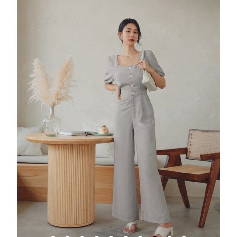 AIR SPACE LADY DAINTY SQUARE NECK BUTTONED JUMPSUIT GRAY Sz SMALL W POCKETS #108